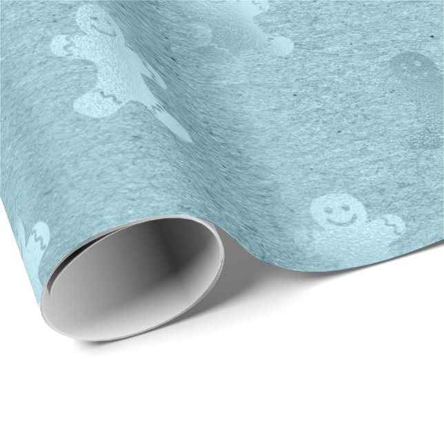 Papel De Presente Padrão de pão de gengibre azul metálico (Ponta do rolo)