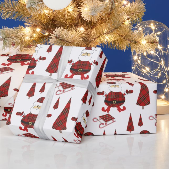 Papel De Presente Padrão de Papais noeis de Moda Red Tartan (Feriados)
