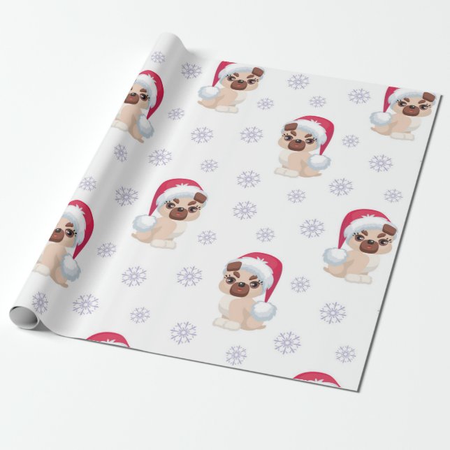 Papel De Presente Padrão de Papais noeis de Pug da Garota de Natal (Desenrolado)