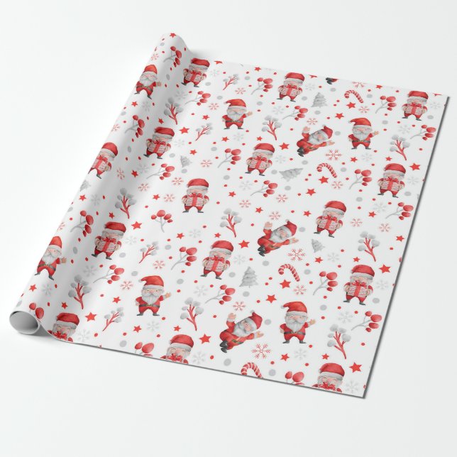 Papel De Presente Padrão de Papais Noéis. Presentes, Árvores em Bran (Desenrolado)