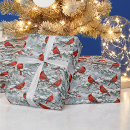 Papel De Presente Padrão de Pássaro Cardinal Vermelho no Inverno Nev
