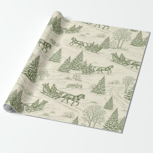 Papel De Presente Padrão de Passeio de Trenó de Natal em Toile Verde