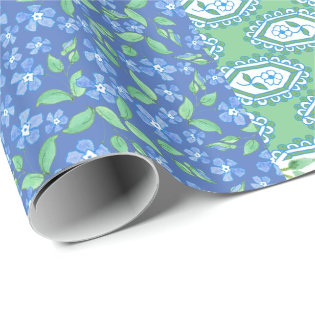 Papel De Presente Padrão de Patchwork Floral Boho Faux do Periwinkle (Ponta do rolo)
