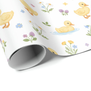 Papel De Presente Padrão de Patinhos Fofos e Flores Silvestres