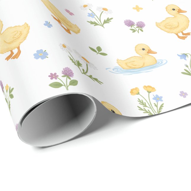 Papel De Presente Padrão de Patinhos Fofos e Flores Silvestres (Ponta do rolo)