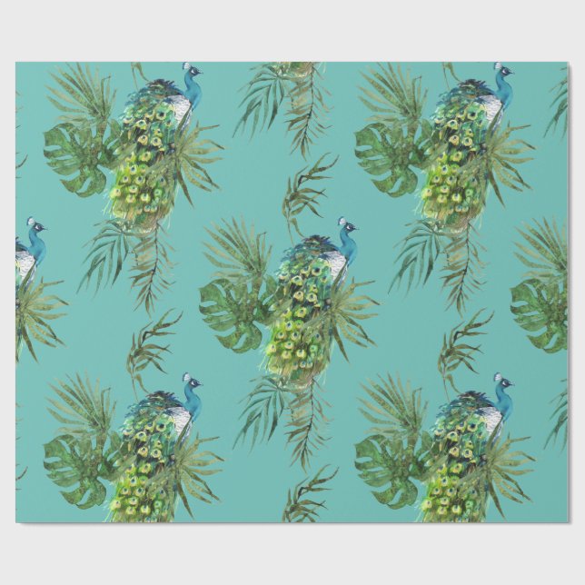 Papel De Presente Padrão de Pavão e Folhas Tropicais (Aberto)