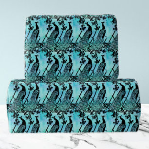 Papel De Presente Padrão de Pavão Negro e Teal Elegante