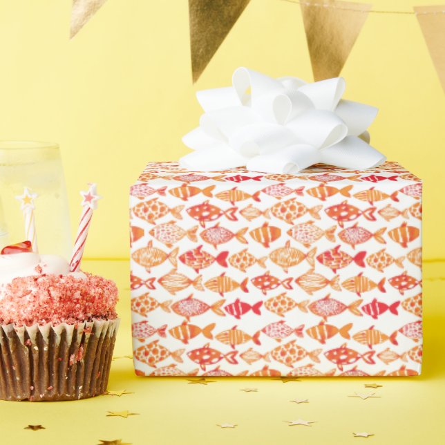 Papel De Presente Padrão de Peixe de Cor Laranja Brilhante (Festa de aniversário)