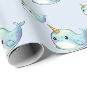 Papel De Presente Padrão de peixe Narval Fofo Aquarela Sob o Mar