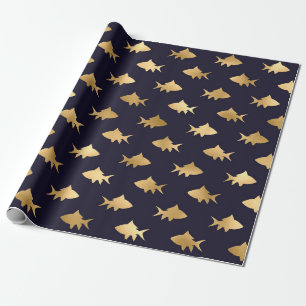 Papel De Presente Padrão de Peixe Náutico Preto e Dourado