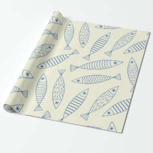 Papel De Presente Padrão de Peixe Sardinha Azul Doodle Esboçado