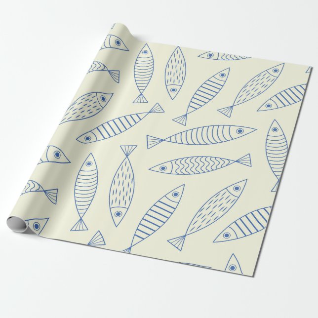 Papel De Presente Padrão de Peixe Sardinha Azul Doodle Esboçado (Desenrolado)