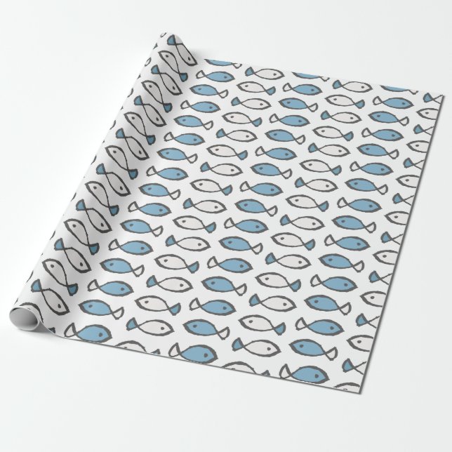 Papel De Presente Padrão de Peixes Brancos Azuis do Mar de Verão (Desenrolado)