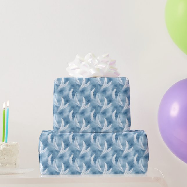 Papel De Presente Padrão de Pena Azul e Branco Nupcial  (Presentes para festas)