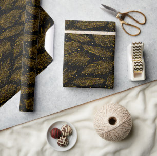 Papel De Presente Padrão de pena vintage preto dourado