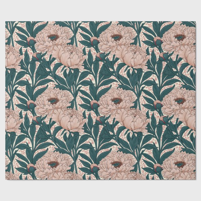 Papel De Presente Padrão de peônias rosa e verde suave (Barra)