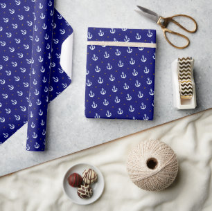 Papel De Presente Padrão de Pequenas Âncoras Brancas Azul