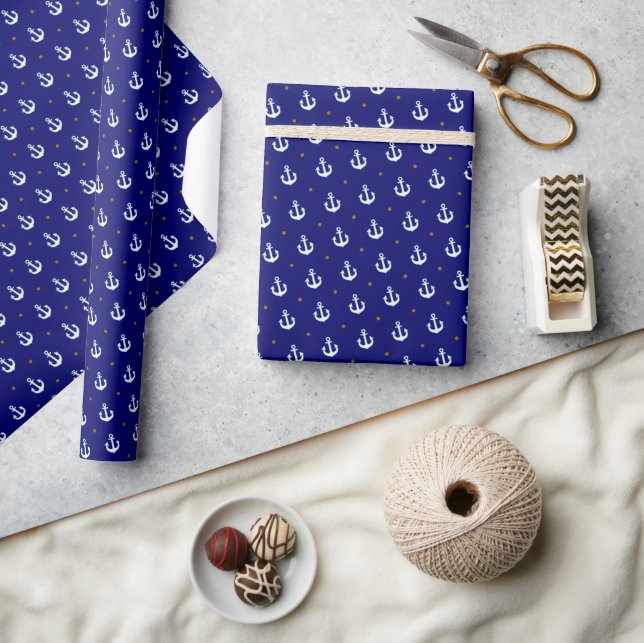 Papel De Presente Padrão de Pequenas Âncoras Brancas Azul (Artesanato)