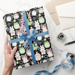Papel De Presente Padrão de Personagens de desenho animados em branc