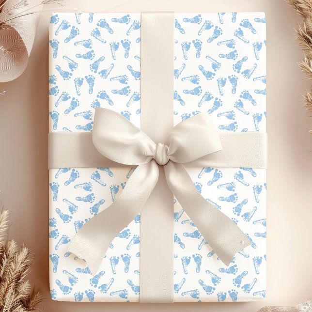 Papel De Presente Padrão de Pés de Bebê Azul para Chá de Bebê (Criador carregado)