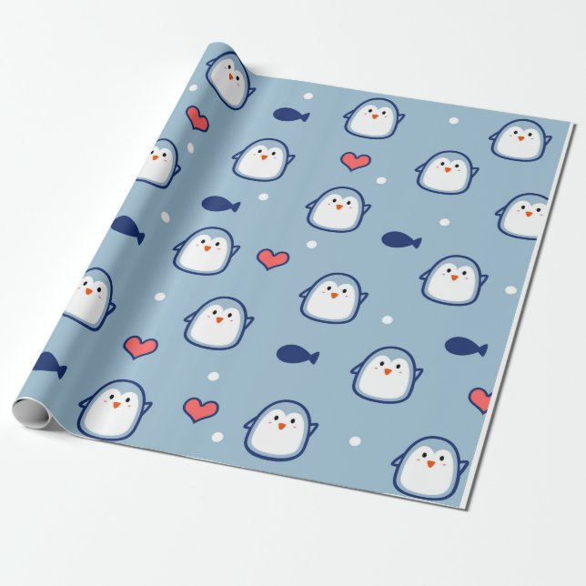 Papel De Presente Padrão de Pinguim Azul Fofo (Desenrolado)