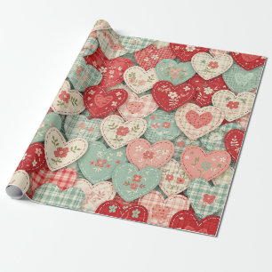 Papel De Presente Padrão de Piquenique Corações Remendados Rústicos