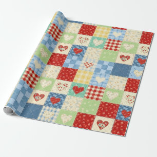 Papel De Presente Padrão de Piquenique Corações Remendados Rústicos