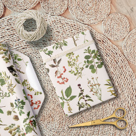 Papel De Presente Padrão de Planta Verde de Herbário Vintage