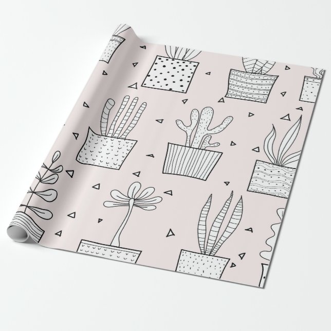 Papel De Presente Padrão De Plantas Potentes Desenhadas À Mão (Desenrolado)