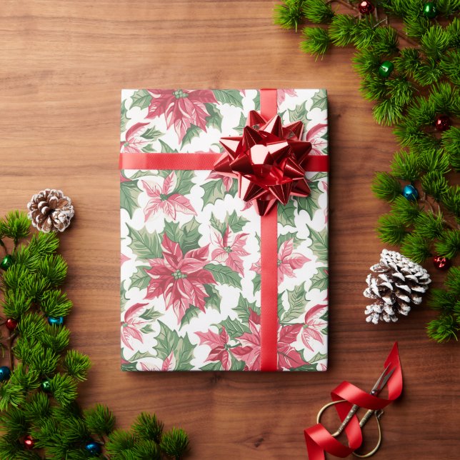 Papel De Presente Padrão De Poinsettia De Natal Com Vermelho, Rosa,  (Presente de Natal)