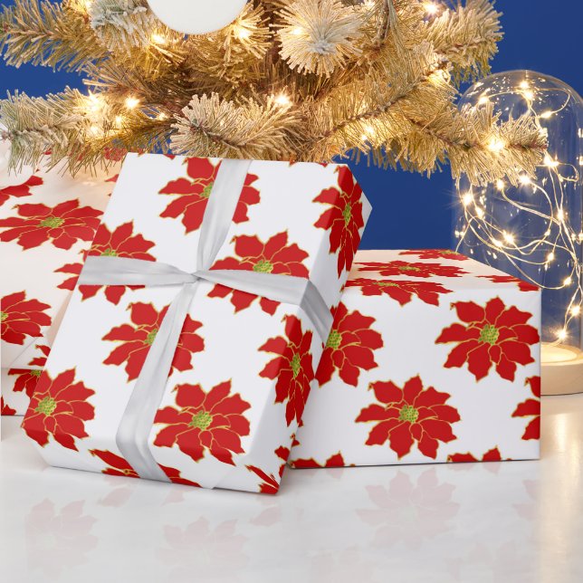 Papel De Presente Padrão de Poinsettia Dourada Vermelha (Feriados)