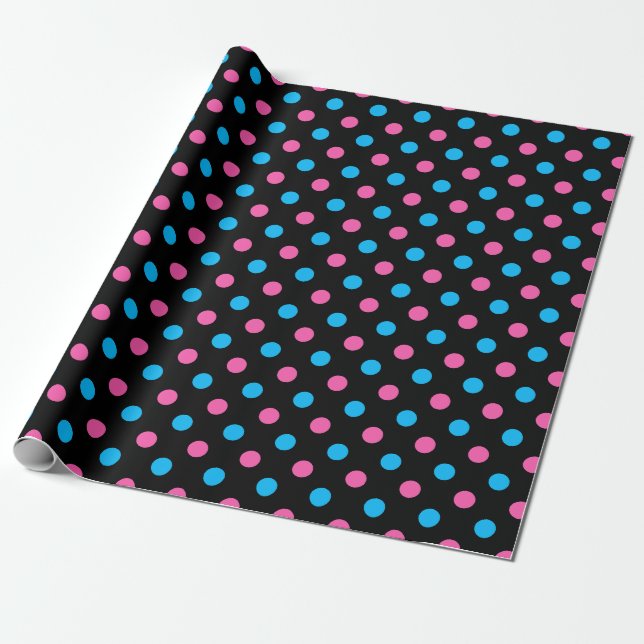 Papel De Presente Padrão de Pontos Polka Azul Preto Rosa (Desenrolado)