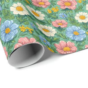 Papel De Presente Padrão De Prados Florais De Pastel Ditsy