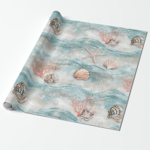 Papel De Presente Padrão de Praia de Coral à Beira-Mar Aqua