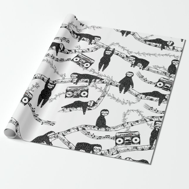 Papel De Presente Padrão de preguiça branca e preta (Desenrolado)