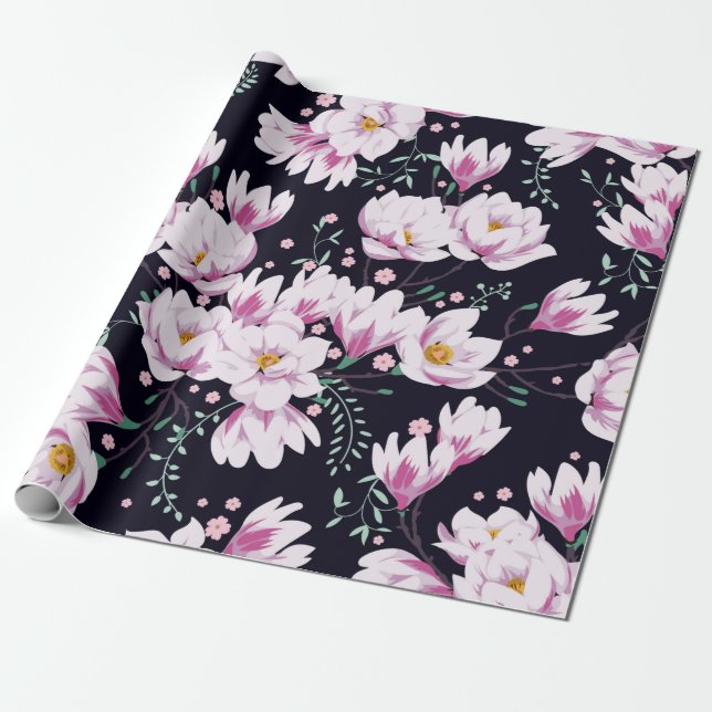 Papel De Presente Padrão de primavera sem costura com magnólias. (Desenrolado)