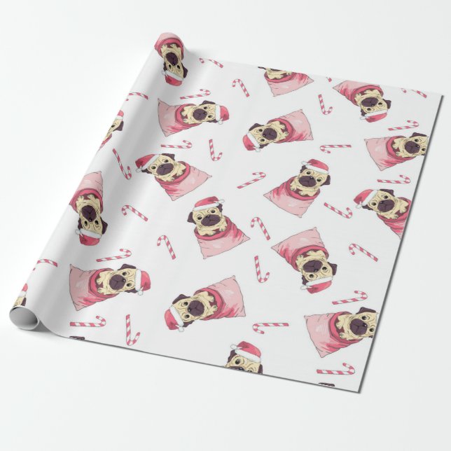 Papel De Presente Padrão de Pug de Natal Bonito (Desenrolado)