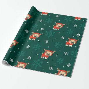 Papel De Presente Padrão de Pug Reindeer de Natal