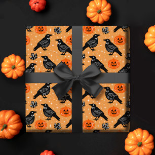 Papel De Presente Padrão de Pumpkin de Corvo de Corvo de Laranja Bon