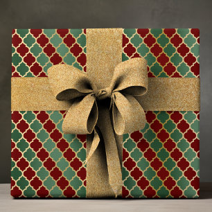 Papel De Presente Padrão de Quatrefoil Dourado de Luxo Vermelho Eleg