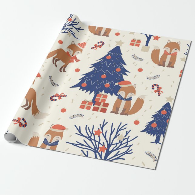 Papel De Presente Padrão de Raposa de Natal Bonito (Desenrolado)