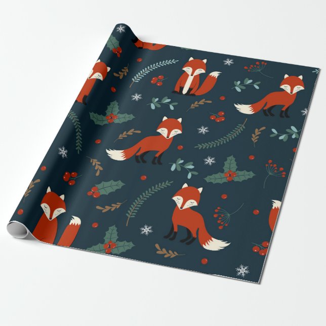Papel De Presente Padrão de Raposa de Natal Bonito (Desenrolado)