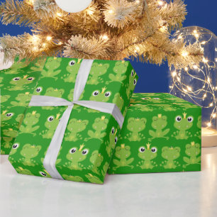 Papel De Presente Padrão de Rãs Fofas em Verde Escuro