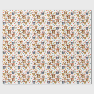 Papel De Presente Padrão de Ratos em Aquarela e Folhas de Outono Fof