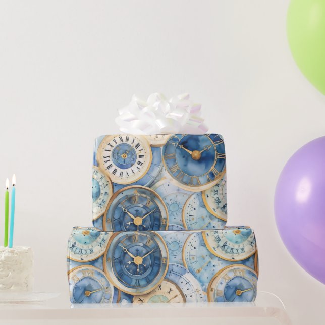 Papel De Presente Padrão de Relógio Azul e Dourado (Presentes para festas)