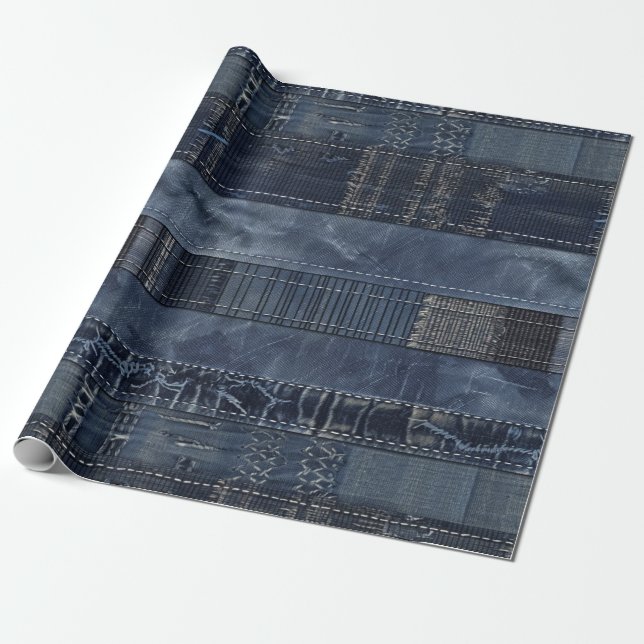 Papel De Presente Padrão de Remendo de Denim Índigo Rústico (Desenrolado)