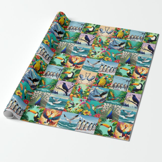 Papel De Presente Padrão de Remendo de Pássaros (Desenrolado)