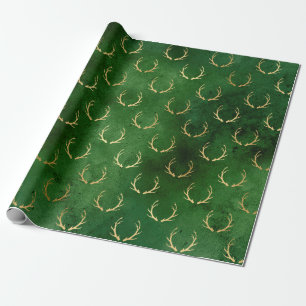 Papel De Presente Padrão de renas de Natal Elegante verde e dourado