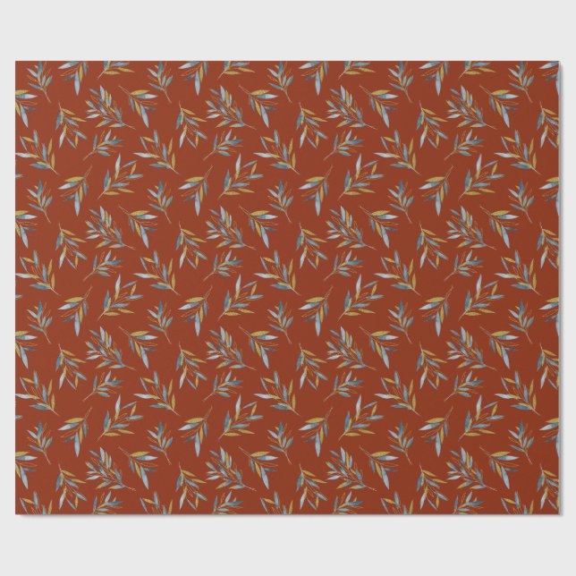 Papel De Presente Padrão de Repetição Botânica de Twigs com Dourado (Aberto)