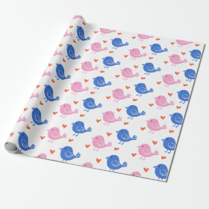 Papel De Presente Padrão de repetição de coração de pássaro azul ros